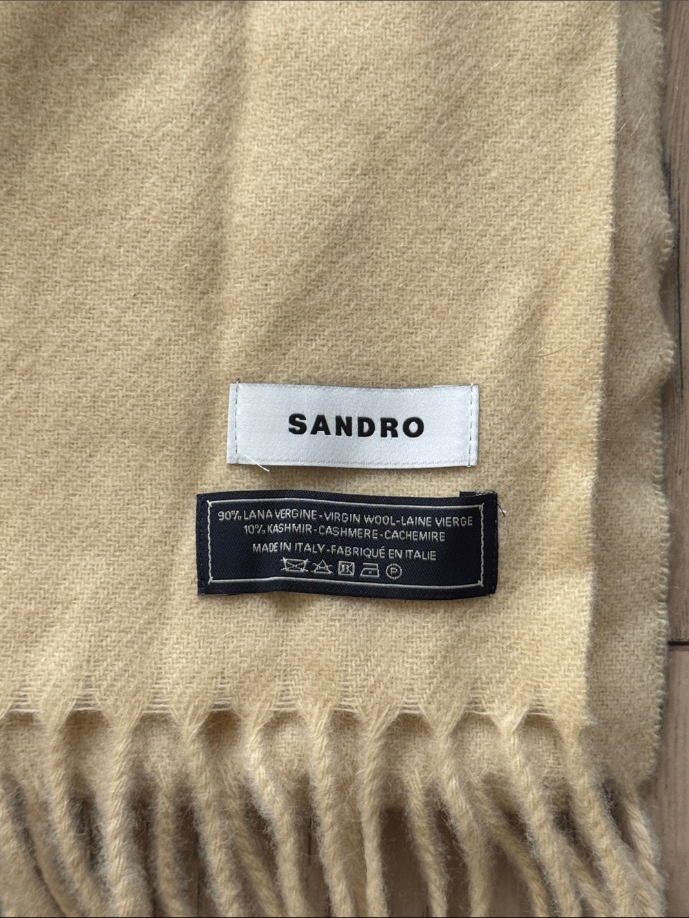 Sandro 90% Virgin Wool 10% Cashmere Scarf Beige Fringe Unisex Made In Italy